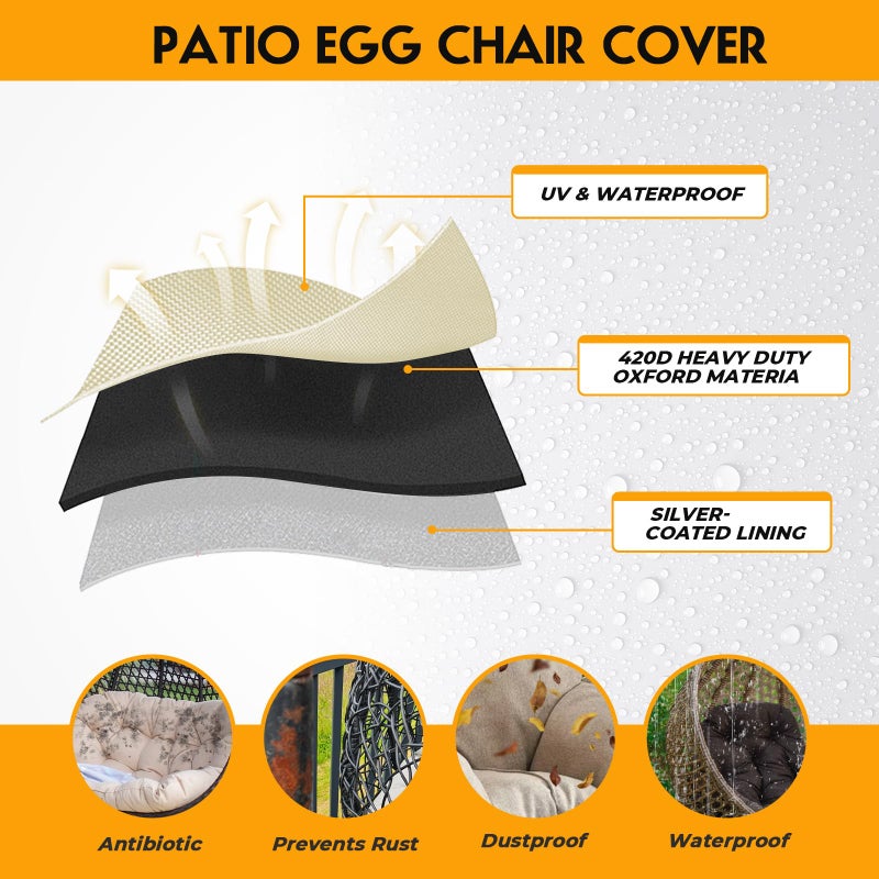 Uthem Double Egg Chair Cover Waterproof 420D Oxford Hanging Outdoor Furniture Covers for Patio Wicker Egg Swing Cocoon Chair, 91x80 Inches,Beige - Image 4